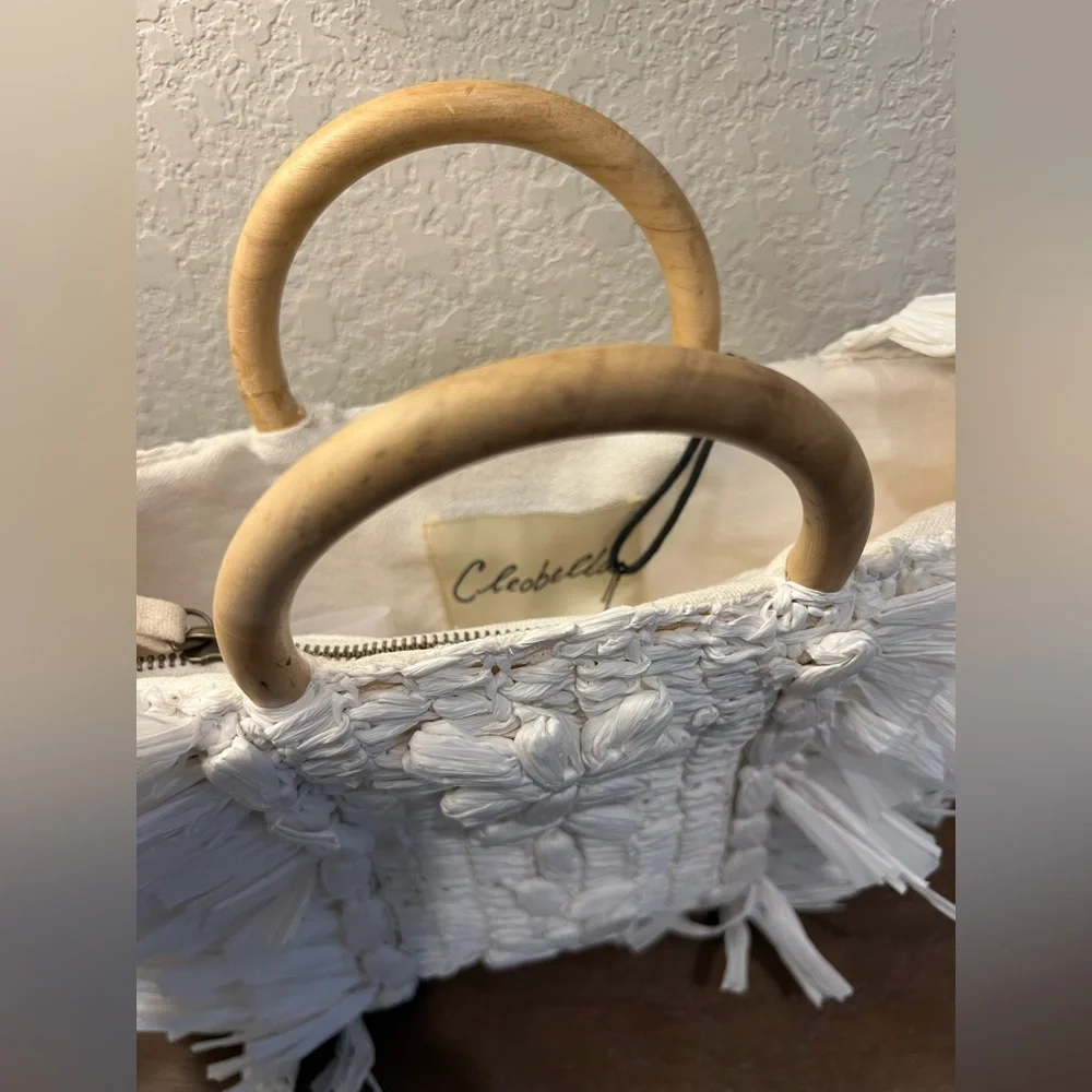 NWT Cleobella Raffia straw purse White Woven Handbag with Wooden Handles - Picture 9 of 13